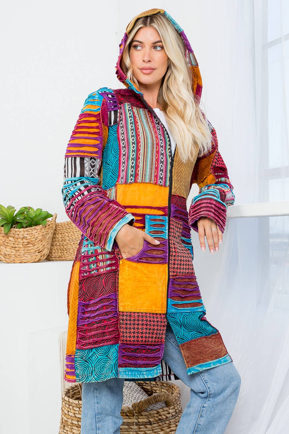 Plus Size - Patchwork Zip Hoodie Long Jacket (KT-1357)