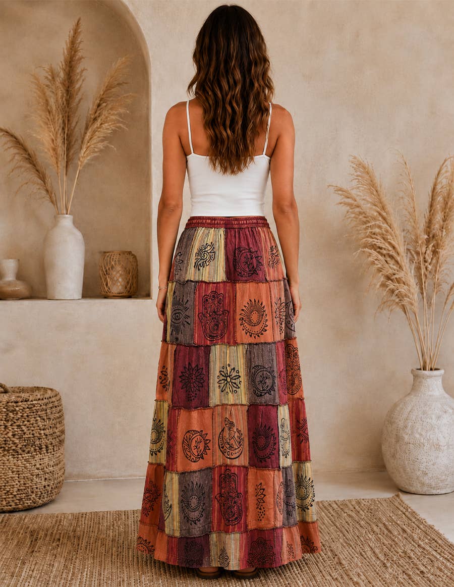 Boho Patchwork Sacred Ember Long Maxi Skirt