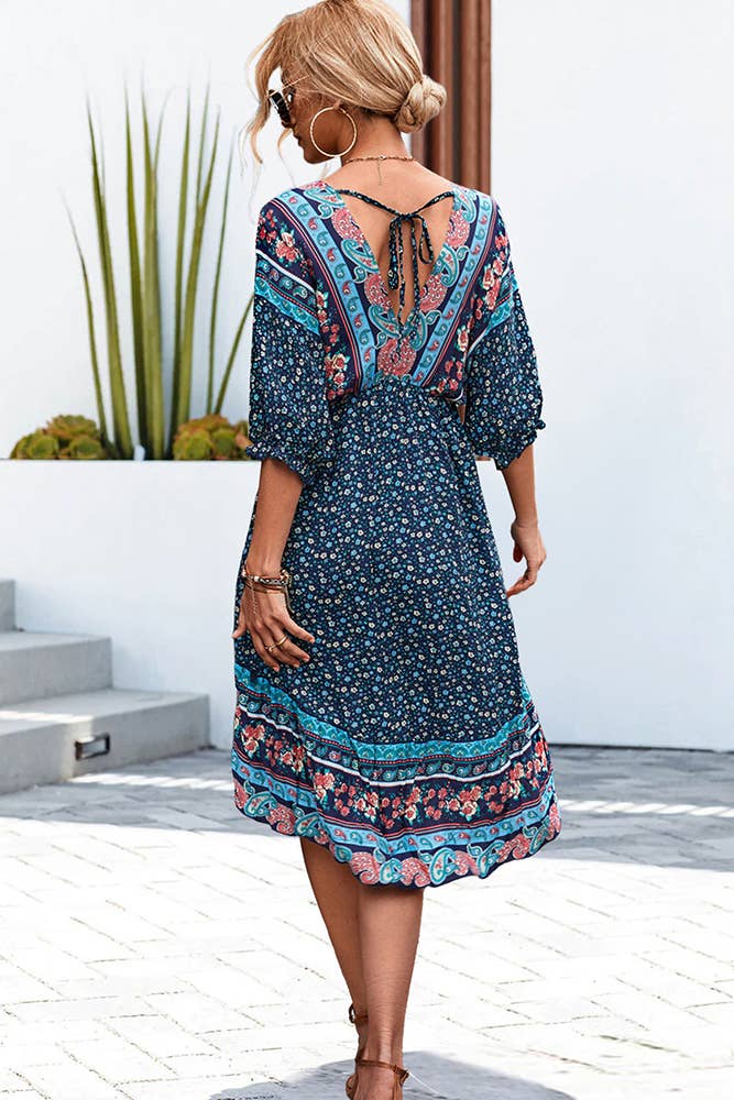 V Neck Bohemian Print Bubble Sleeves Dress YS067