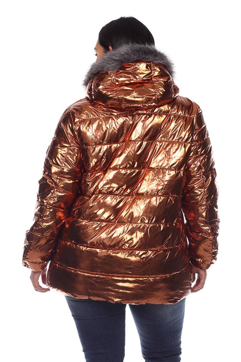 Plus Size Metallic Puffer Coat with Hoodie: 1X / Navy