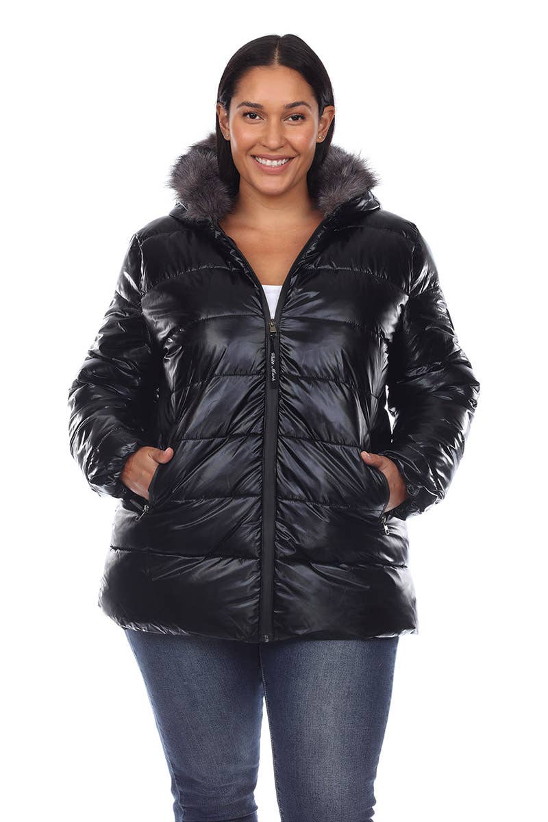 Plus Size Metallic Puffer Coat with Hoodie: 1X / Navy