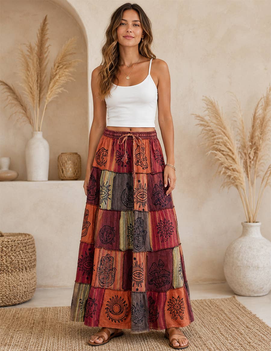 Boho Patchwork Sacred Ember Long Maxi Skirt