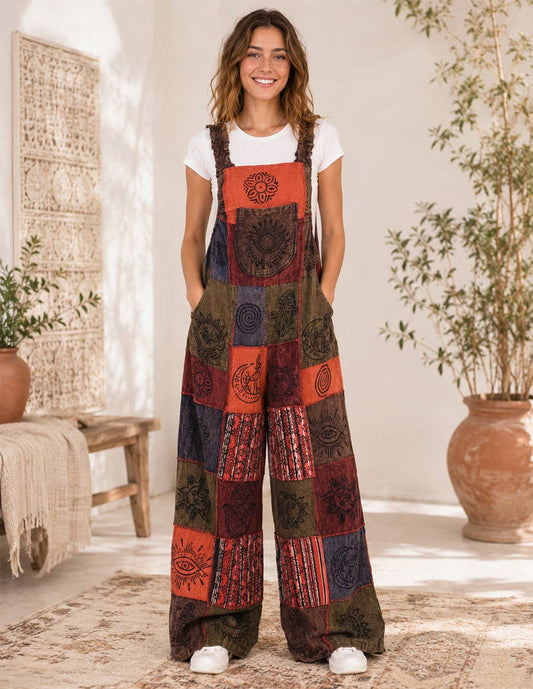 Celestial Print Patchwork Hippie Overall