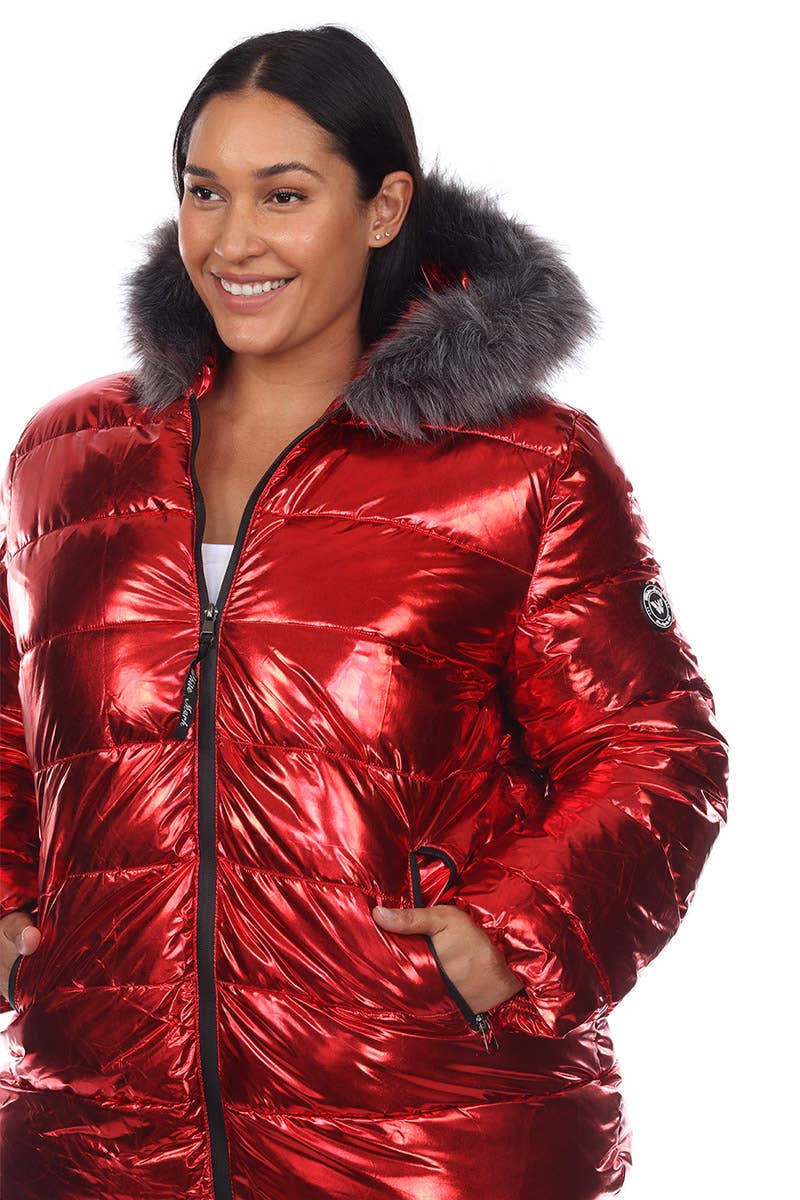 Plus Size Metallic Puffer Coat with Hoodie: 1X / Navy
