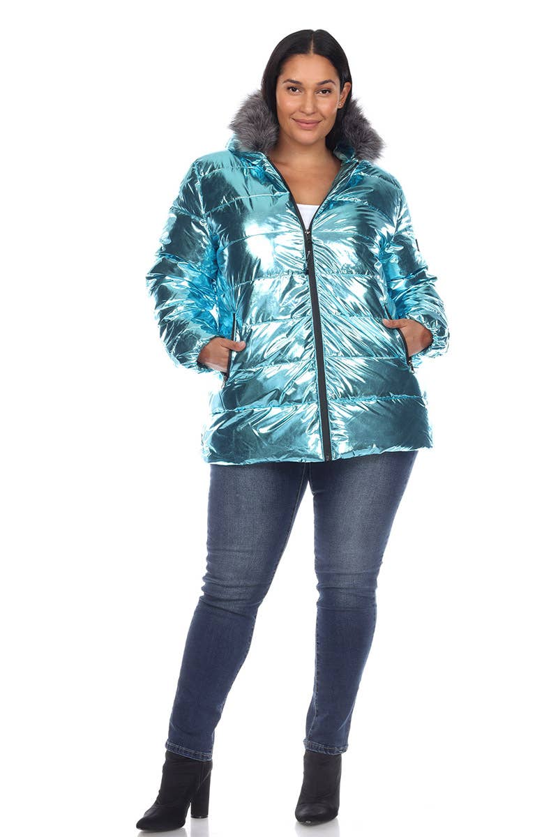 Plus Size Metallic Puffer Coat with Hoodie: 1X / Navy