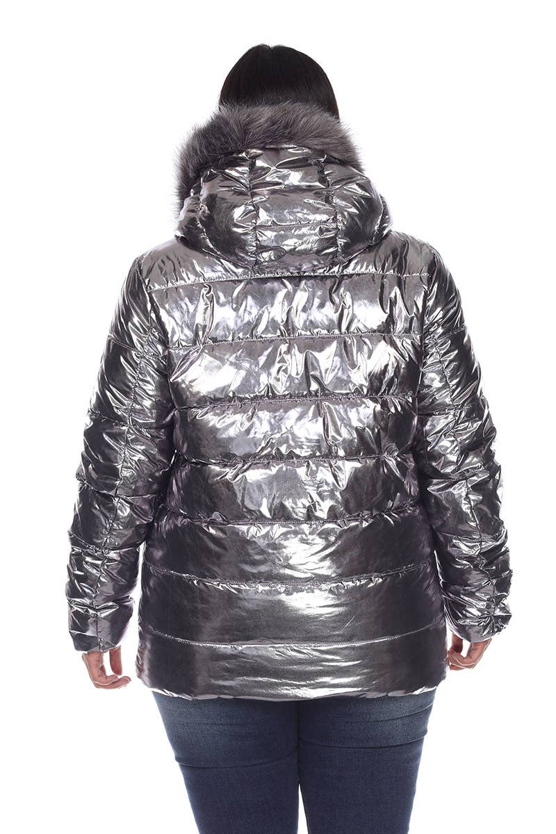 Plus Size Metallic Puffer Coat with Hoodie: 1X / Silver
