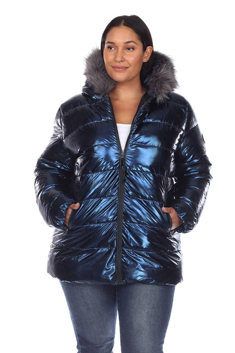 Plus Size Metallic Puffer Coat with Hoodie: 1X / Navy