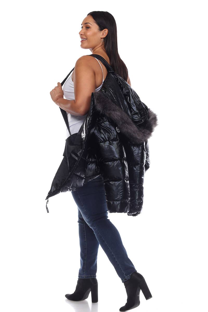 Plus Size Metallic Puffer Coat with Hoodie: 1X / Navy