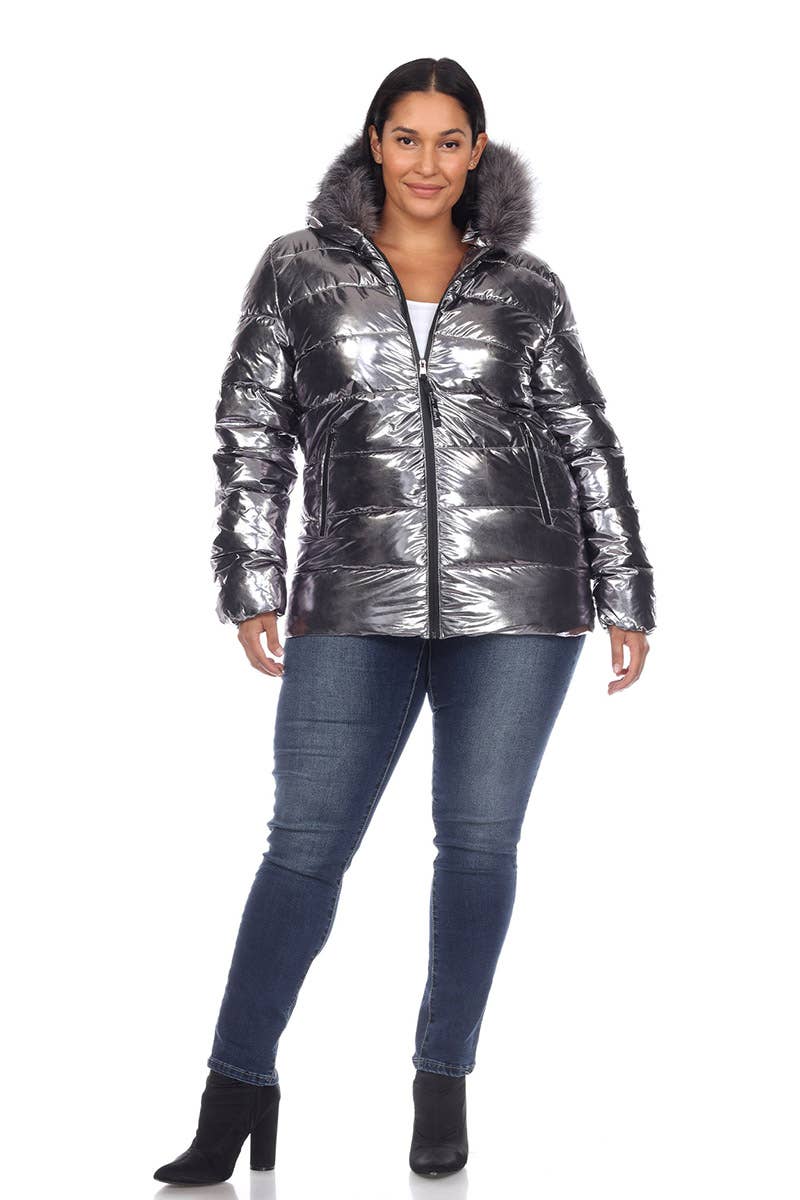 Plus Size Metallic Puffer Coat with Hoodie: 1X / Silver