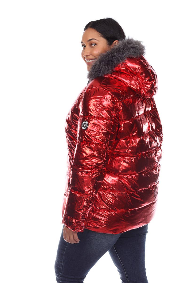 Plus Size Metallic Puffer Coat with Hoodie: 1X / Navy