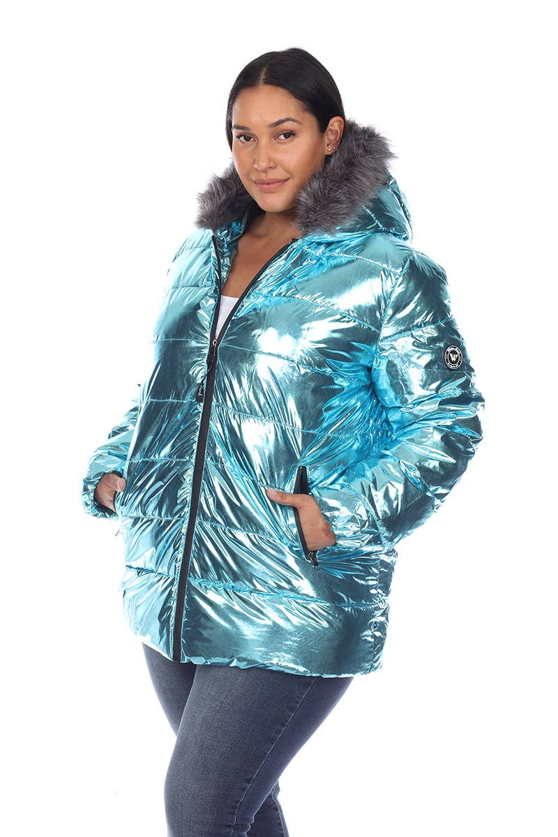Plus Size Metallic Puffer Coat with Hoodie: 1X / Navy