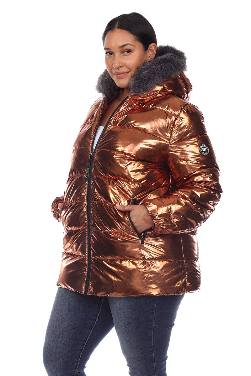Plus Size Metallic Puffer Coat with Hoodie: 1X / Navy