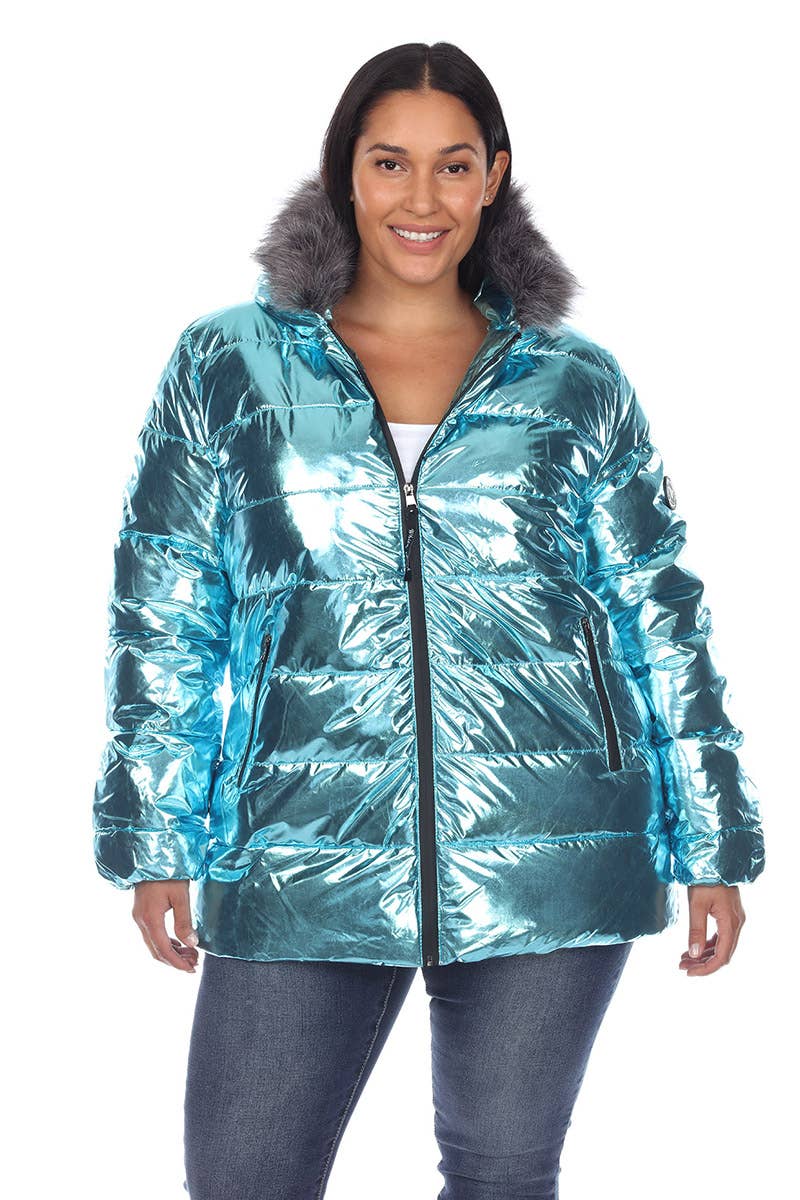 Plus Size Metallic Puffer Coat with Hoodie: 1X / Navy
