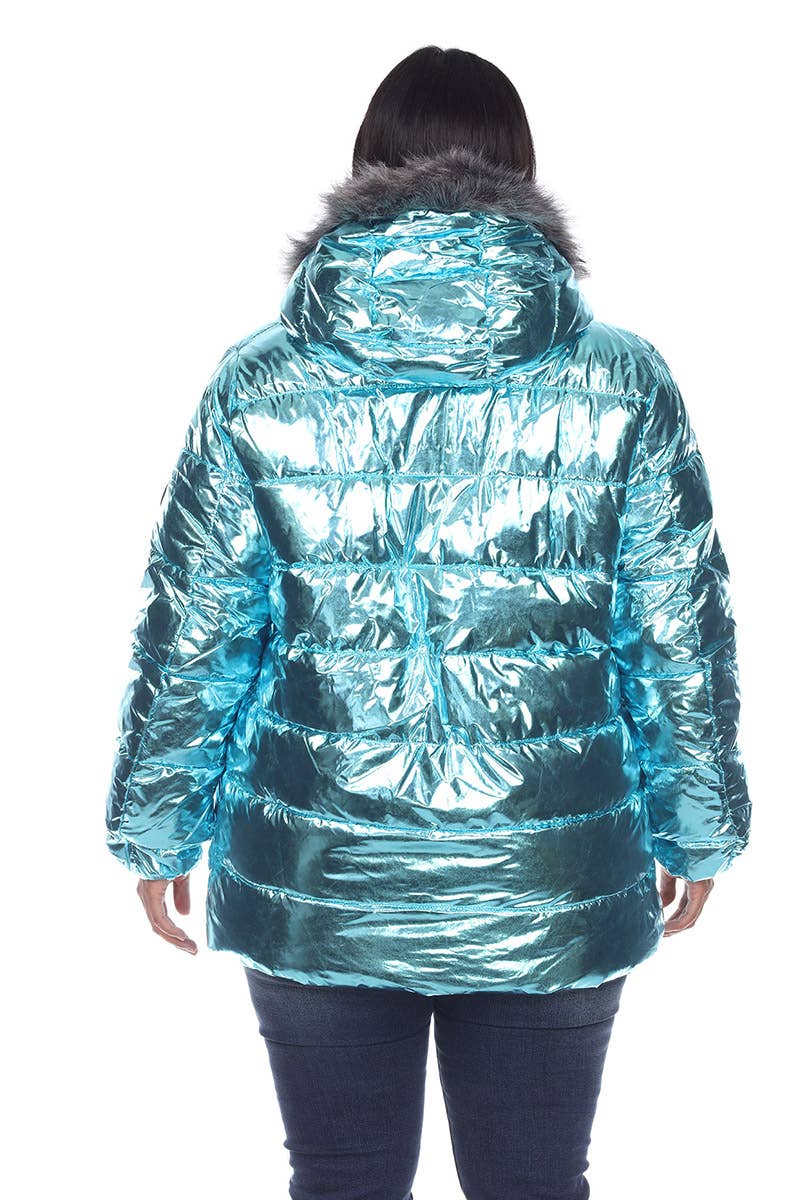 Plus Size Metallic Puffer Coat with Hoodie: 1X / Navy
