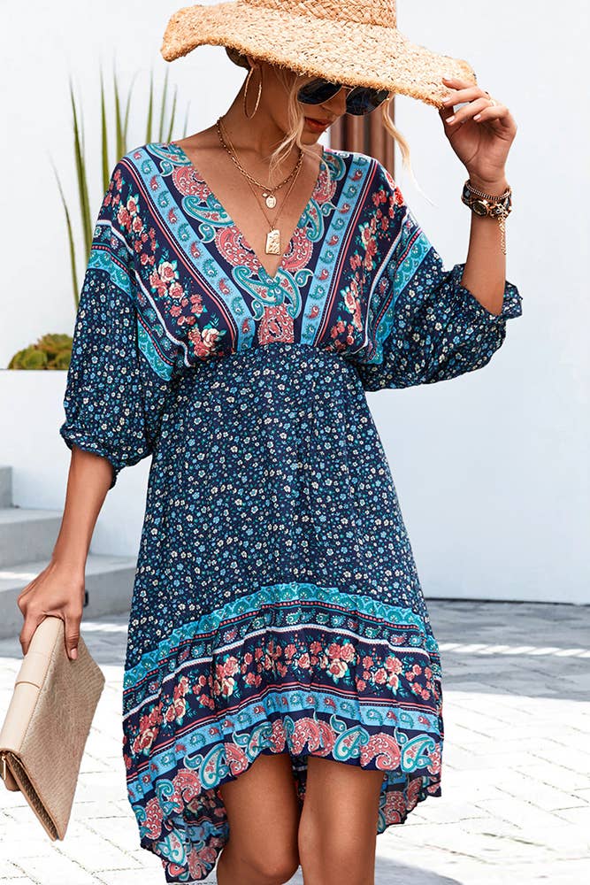V Neck Bohemian Print Bubble Sleeves Dress YS067