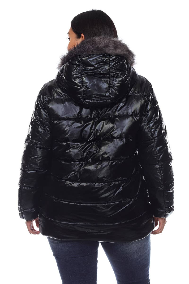 Plus Size Metallic Puffer Coat with Hoodie: 1X / Navy
