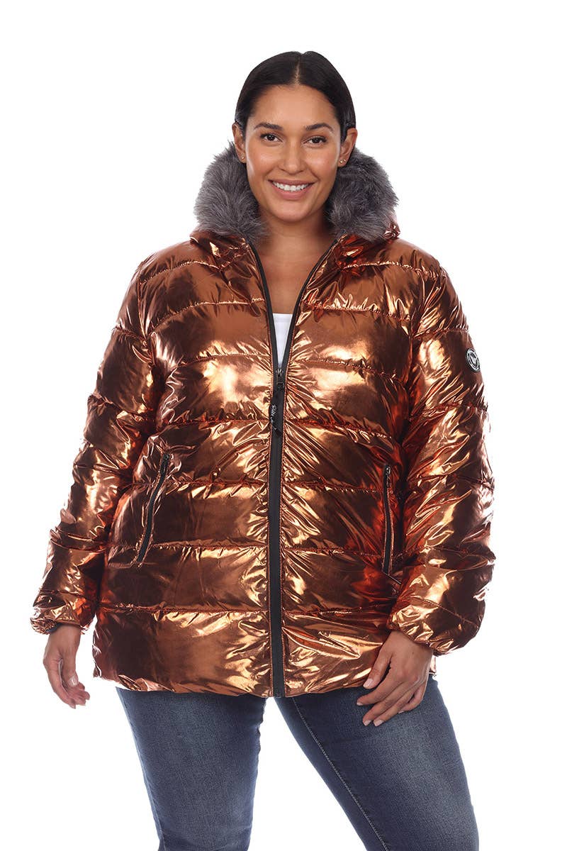 Plus Size Metallic Puffer Coat with Hoodie: 1X / Navy
