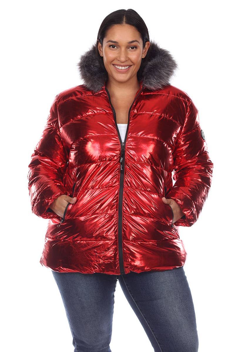 Plus Size Metallic Puffer Coat with Hoodie: 1X / Navy