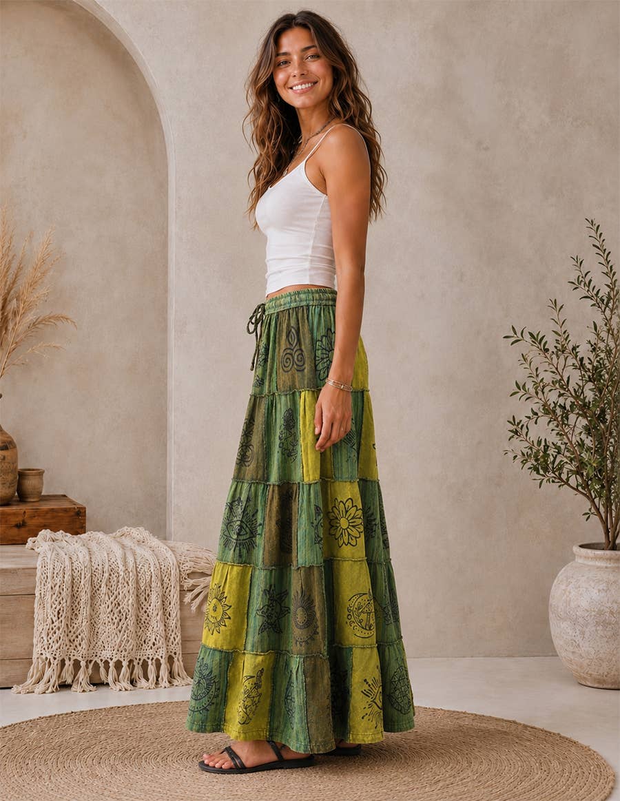 Boho Patchwork Sacred Ember Long Maxi Skirt