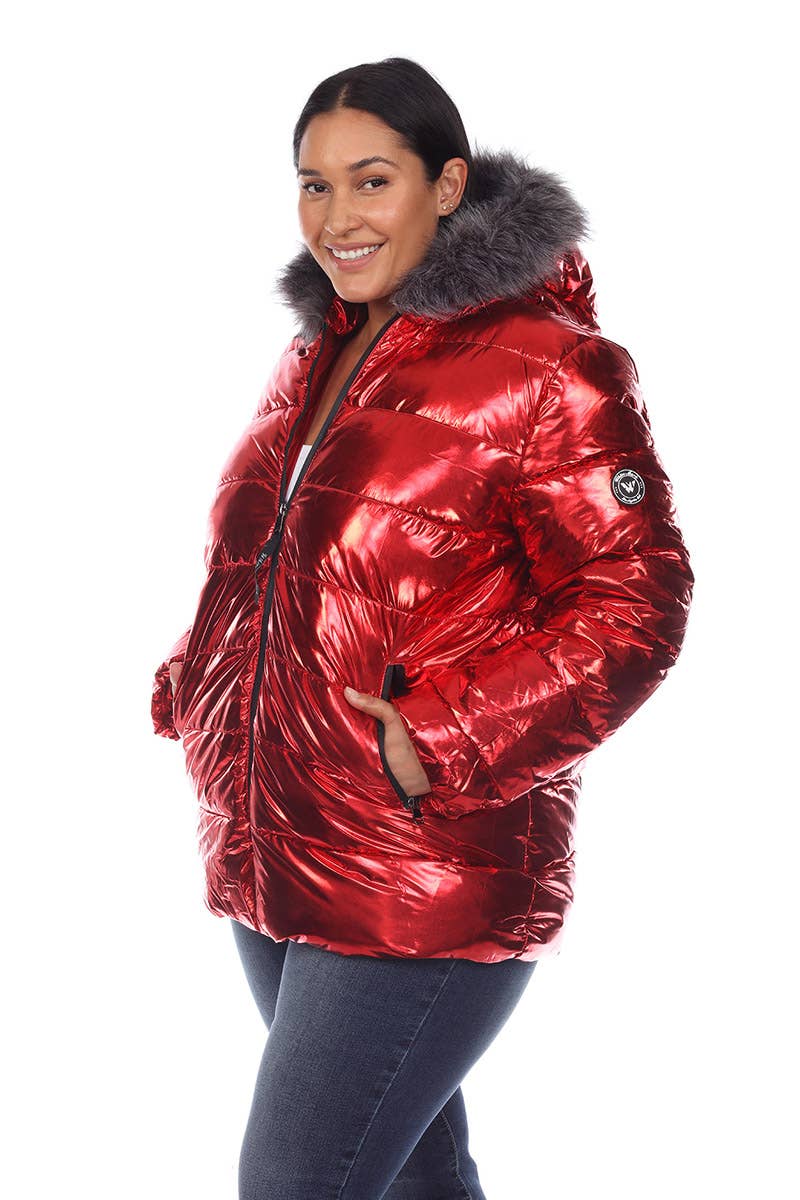 Plus Size Metallic Puffer Coat with Hoodie: 1X / Navy