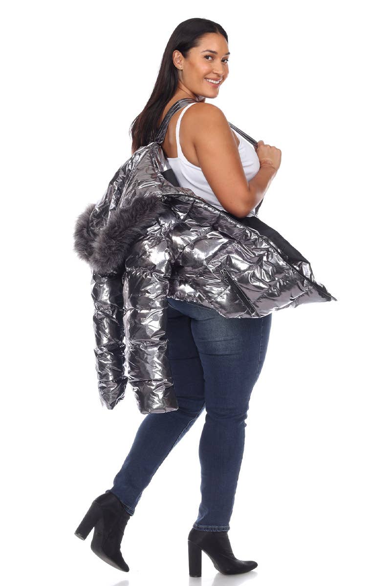 Plus Size Metallic Puffer Coat with Hoodie: 1X / Silver