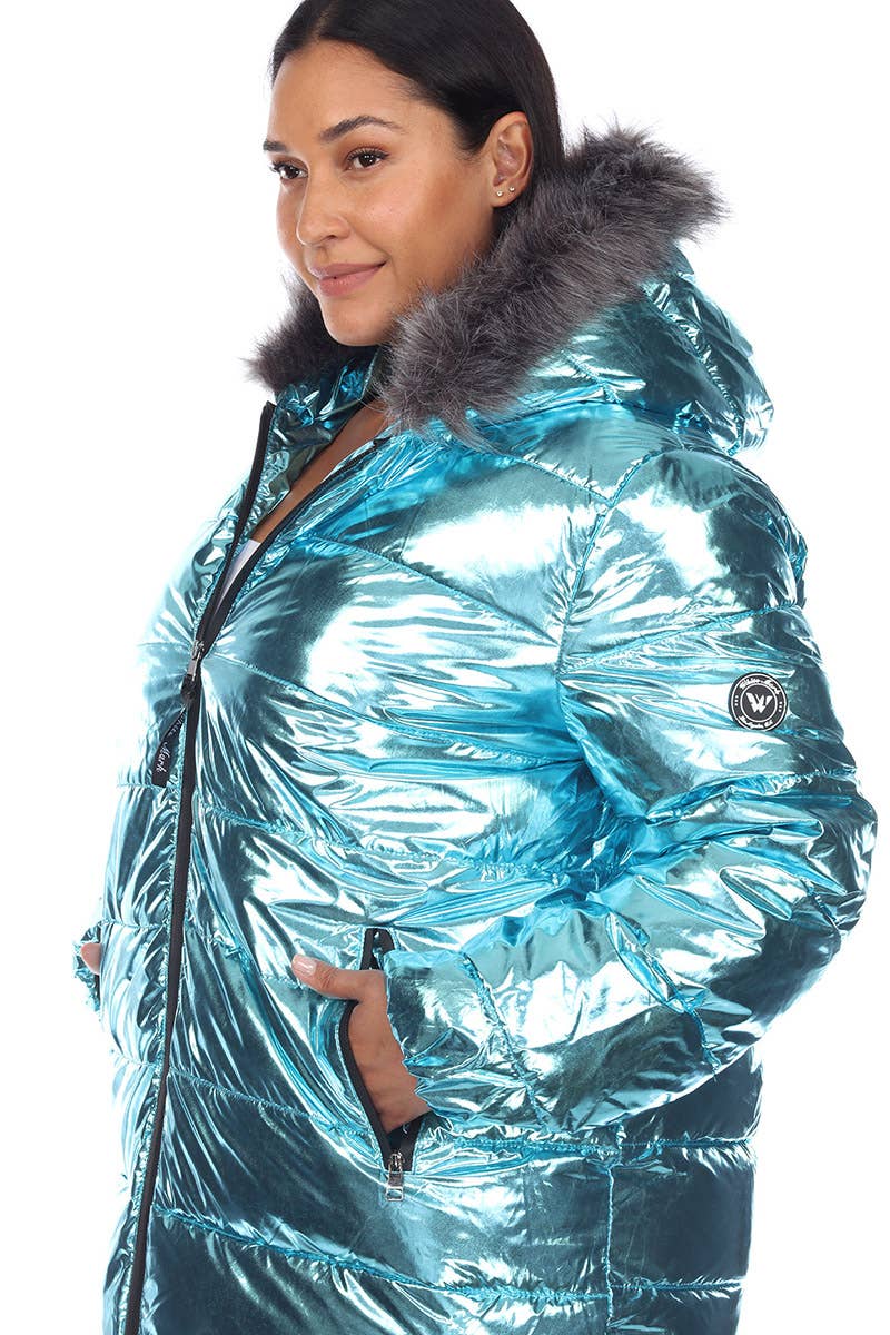 Plus Size Metallic Puffer Coat with Hoodie: 1X / Navy