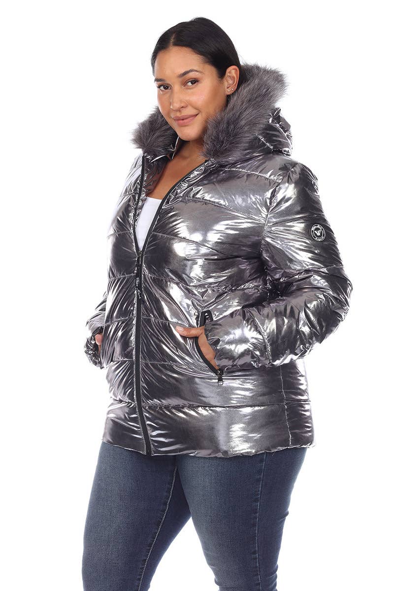 Plus Size Metallic Puffer Coat with Hoodie: 1X / Navy