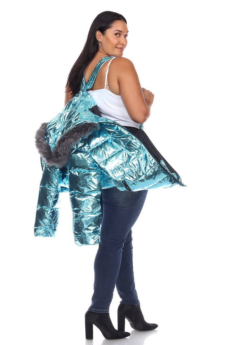 Plus Size Metallic Puffer Coat with Hoodie: 1X / Navy