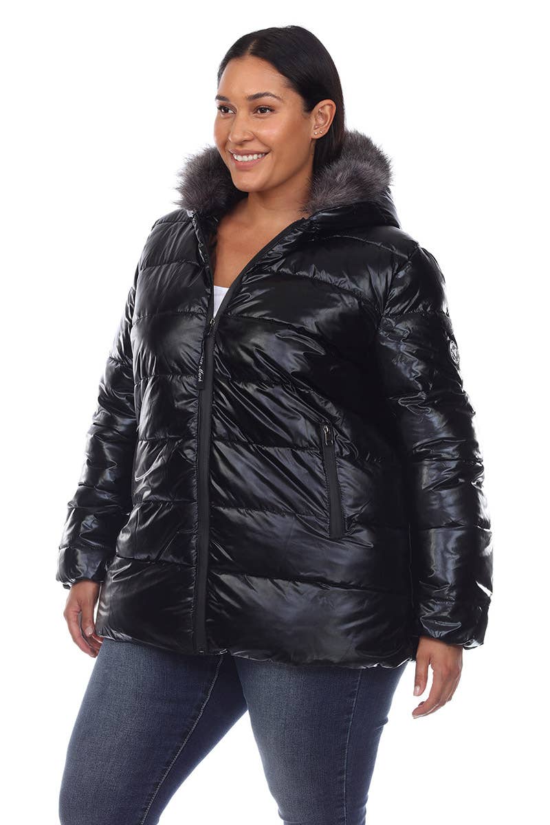 Plus Size Metallic Puffer Coat with Hoodie: 1X / Navy