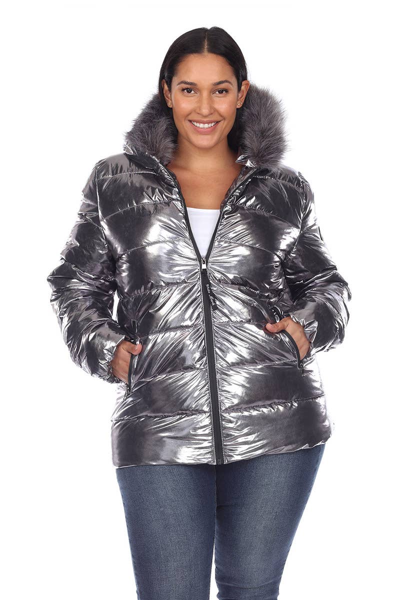 Plus Size Metallic Puffer Coat with Hoodie: 1X / Silver