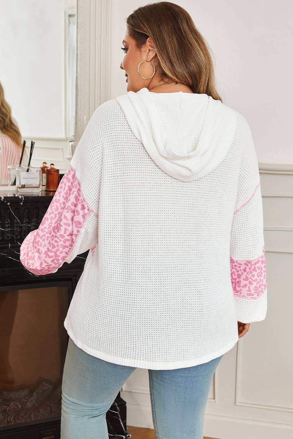 Pink Stripe Leopard Patchwork Waffle Knit Buttoned Plus Size Hoodie