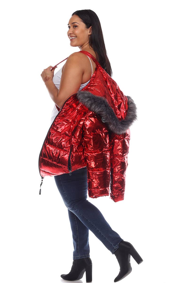 Plus Size Metallic Puffer Coat with Hoodie: 1X / Navy